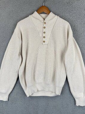 Vintage L.L. Bean Henley Sweater Mens Large Beige Fisherman Knit Cotton Made USA